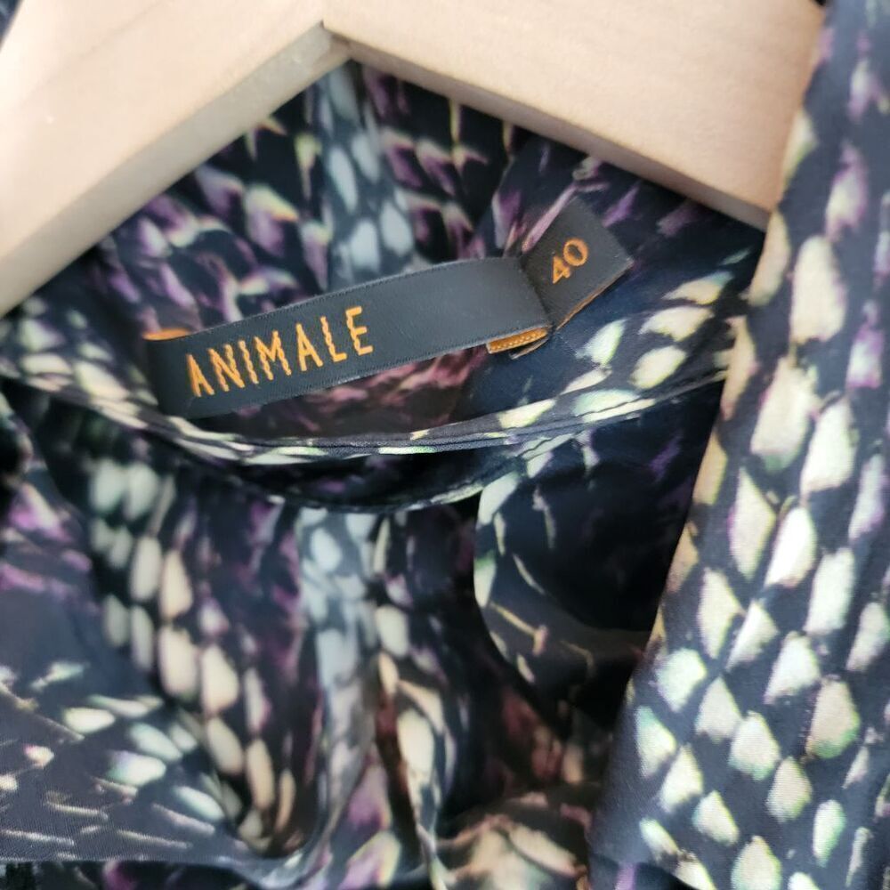 Animale Blouse Size 40 100% Silk Snakeskin Print Open Back Button Down - Picture 7 of 8